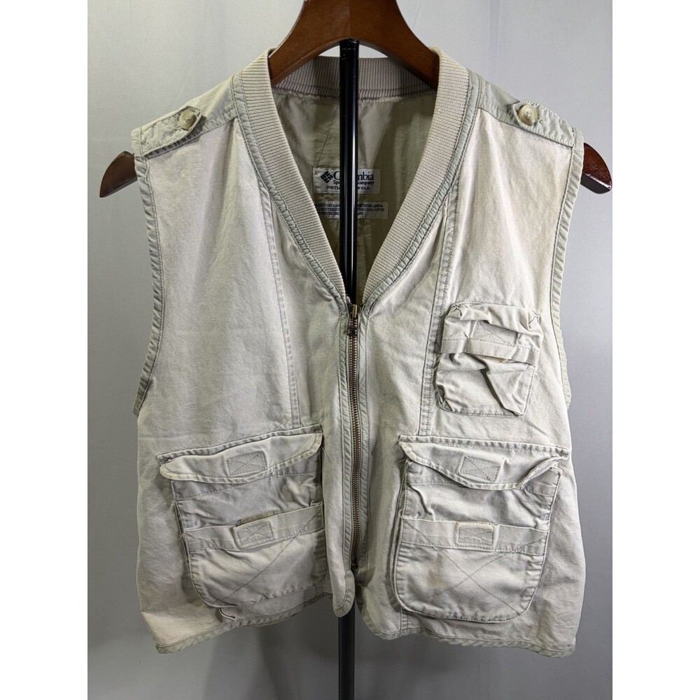 Vintage Columbia Vest Womens Medium Beige Cotton Full Zip Utility Outdoor 90s